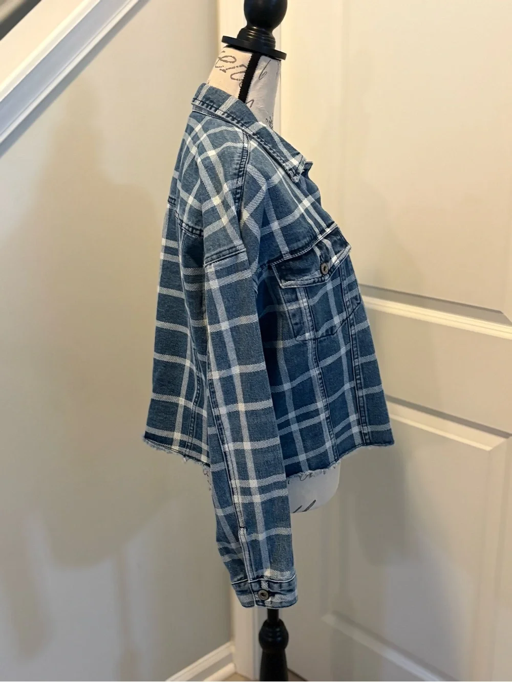 Lior Paris Plaid Denim Jacket Large Frayed Hem Button Front Shacket Blue